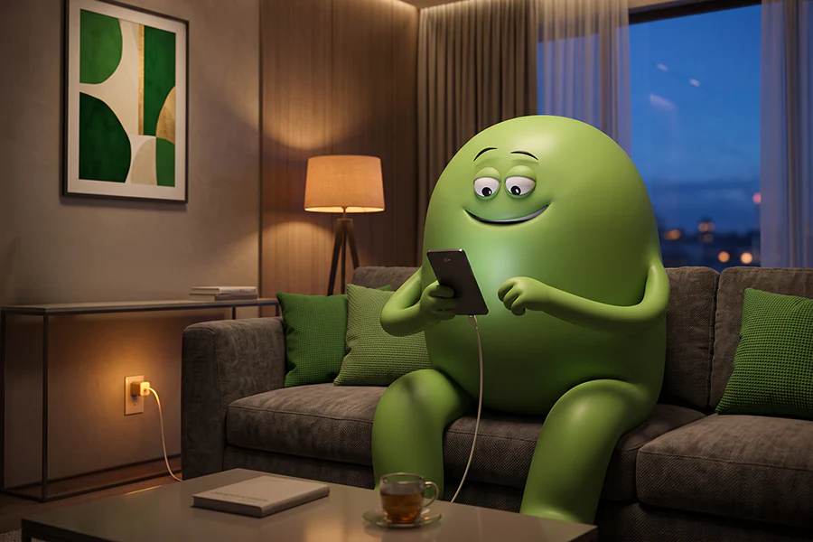 Cricket character. charging their phone