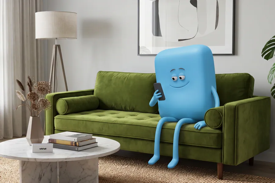 Cricket character at a laptop